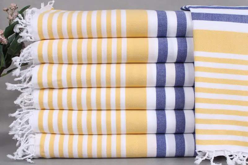 Turkish Towel Navy Blue-Yellow Striped Bath Towel, 36x67 Inches