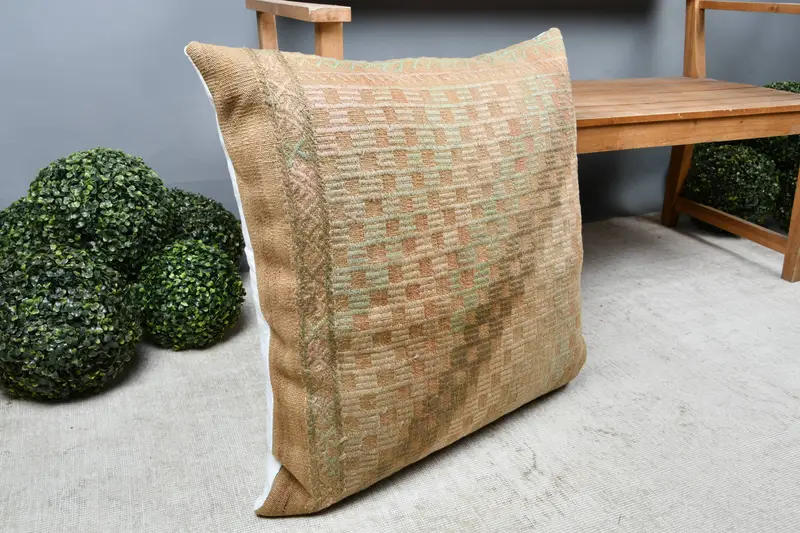 Ethnic Pillow Sham, Pillow Case, Floor Pillow Sham, 28x28 Beige Cushion Case, Vintage Kilim Pillow, Vintage Pillow, Vintage Kilim Throw Pillow - 7