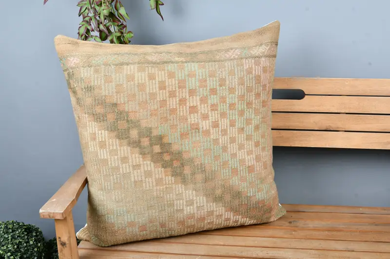 Ethnic Pillow Sham, Pillow Case, Floor Pillow Sham, 28x28 Beige Cushion Case, Vintage Kilim Pillow, Vintage Pillow, Vintage Kilim Throw Pillow - 1