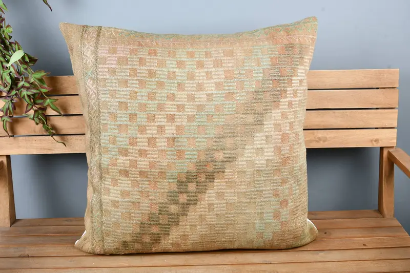 Ethnic Pillow Sham, Pillow Case, Floor Pillow Sham, 28x28 Beige Cushion Case, Vintage Kilim Pillow, Vintage Pillow, Vintage Kilim Throw Pillow - 6