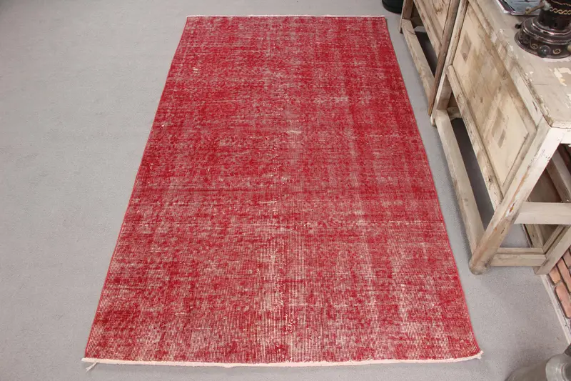 El Yapımı Kırmızı Puantiyeli Halı, 3,1x6,6 ft