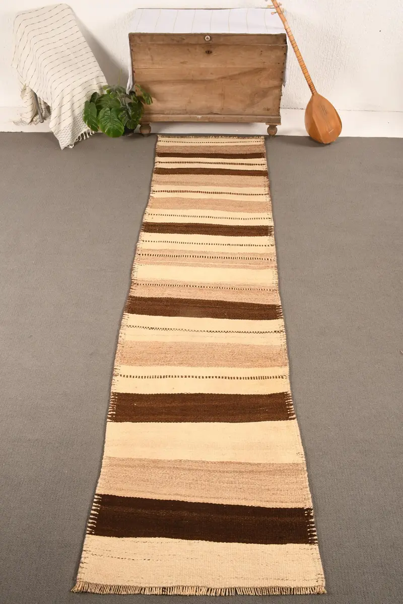 2.7x10 ft Turkish Vintage Rug, Runner Rug, Kilim Beige Wool Rug - 1