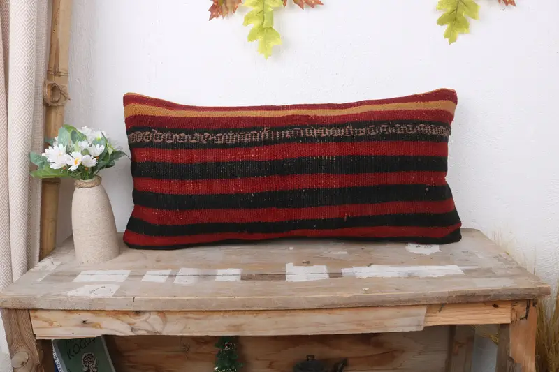 Pillow for Couch, Pillow Cover, Antique Pillows, Ethnical Kilim Rug Pillow, Farmhouse Cushion Cover, 12x24 Red Pillow Cover - 1