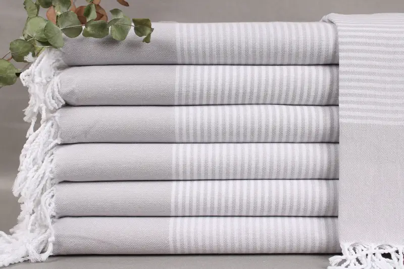 Personalized Light Gray Striped Peshtemal Bath Towel, 40x71 Inches