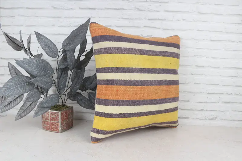Sustainable Pillow Cover, Cushion Case, Patio Pillow, 22x22 Yellow Cushion Cover, Gift Pillow, Handmade Kilim Cushion, Turkish Kilim Pillow - 4