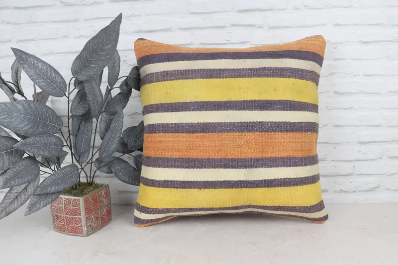 Sustainable Pillow Cover, Cushion Case, Patio Pillow, 22x22 Yellow Cushion Cover, Gift Pillow, Handmade Kilim Cushion, Turkish Kilim Pillow - 1