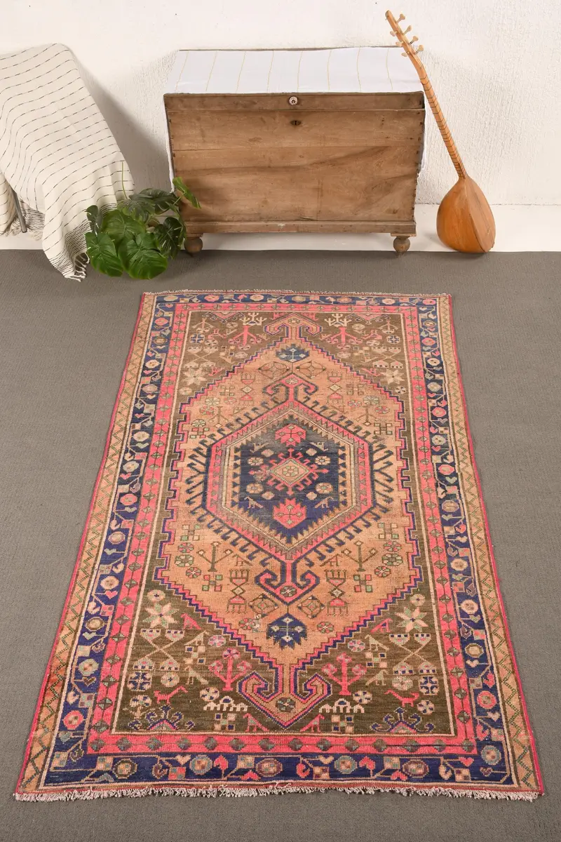 4x6.9 ft Vintage Halı, Kilim, Pembe İkat Halı Yün - 1