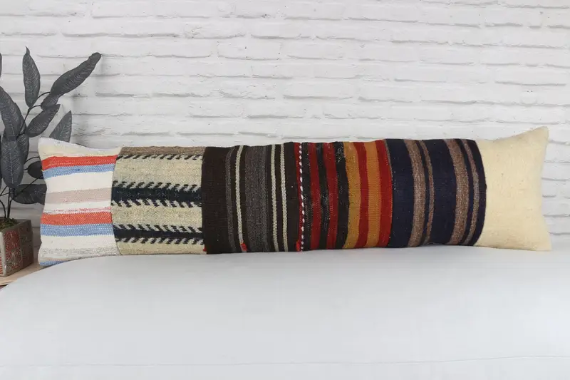 Throw Kilim Pillow, Cushion Case, Car Pillow Case, Boho Pillow, Tapestry Cushion, Ethnical Kilim Rug Pillow, 12x48 Red Pillow Sham - 2