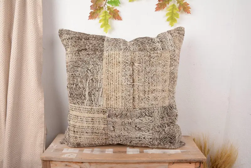 Brown & Beige Patchwork Throw Pillow, 28x28 Embroidered Cushion