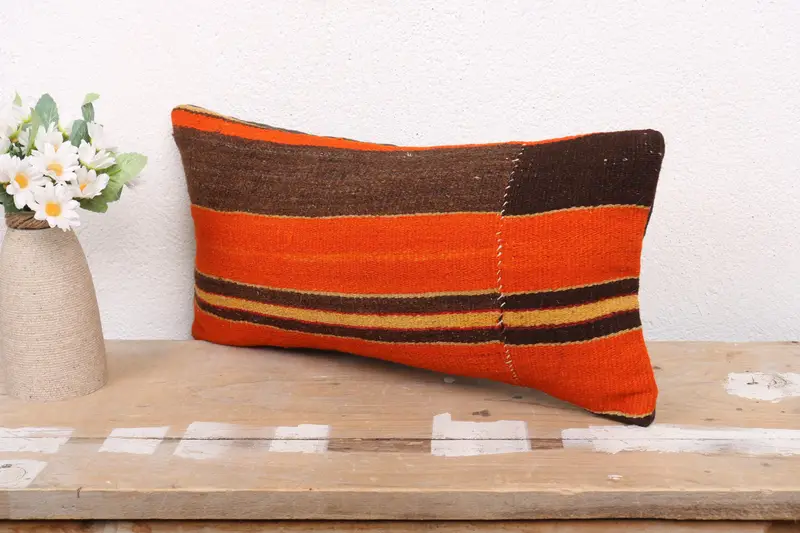 Pillow Cover, Interior Designer Pillow, Neutral Throw Pillow Sham, Boho Pillow Sham Cover, 8x16 Orange Pillow Sham, Kilim Cushion Sham - 4