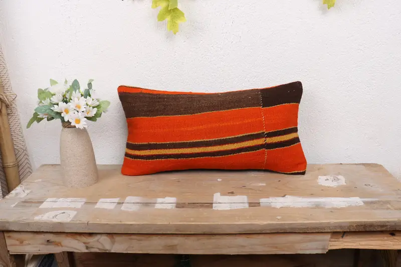 Pillow Cover, Interior Designer Pillow, Neutral Throw Pillow Sham, Boho Pillow Sham Cover, 8x16 Orange Pillow Sham, Kilim Cushion Sham - 1