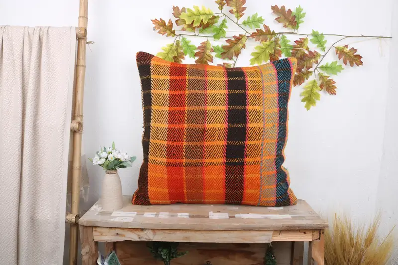 Decorative Throw Cushion Cover, Vintage Kilim Pillow, 24x24 Orange Pillow Cover, Outdoor Throw Cushion, Cushion, Boho Pillow, Kilim Pillow - 1