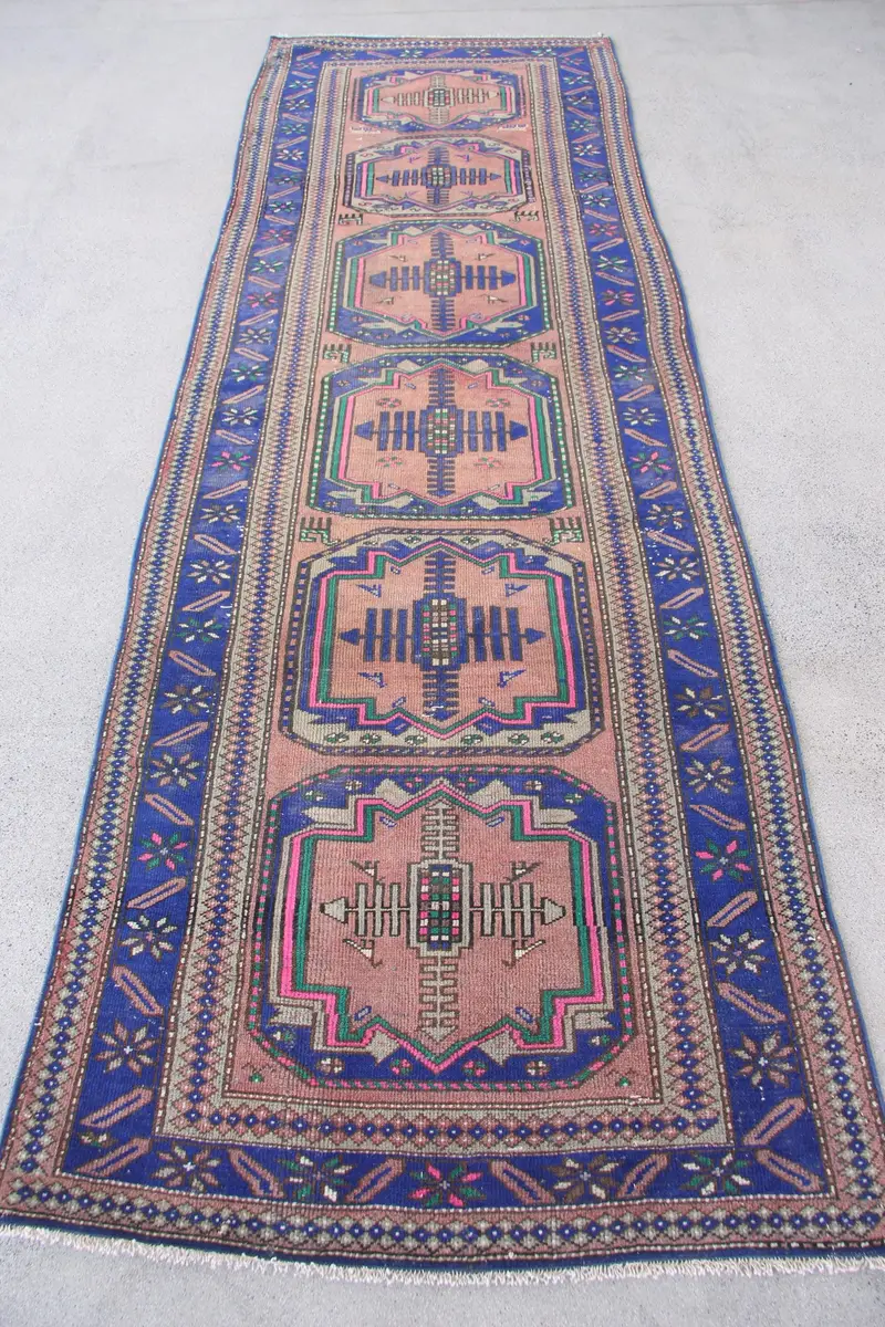 Bronze & Blue Rug, 3,6x10,6 ft Abstract Design