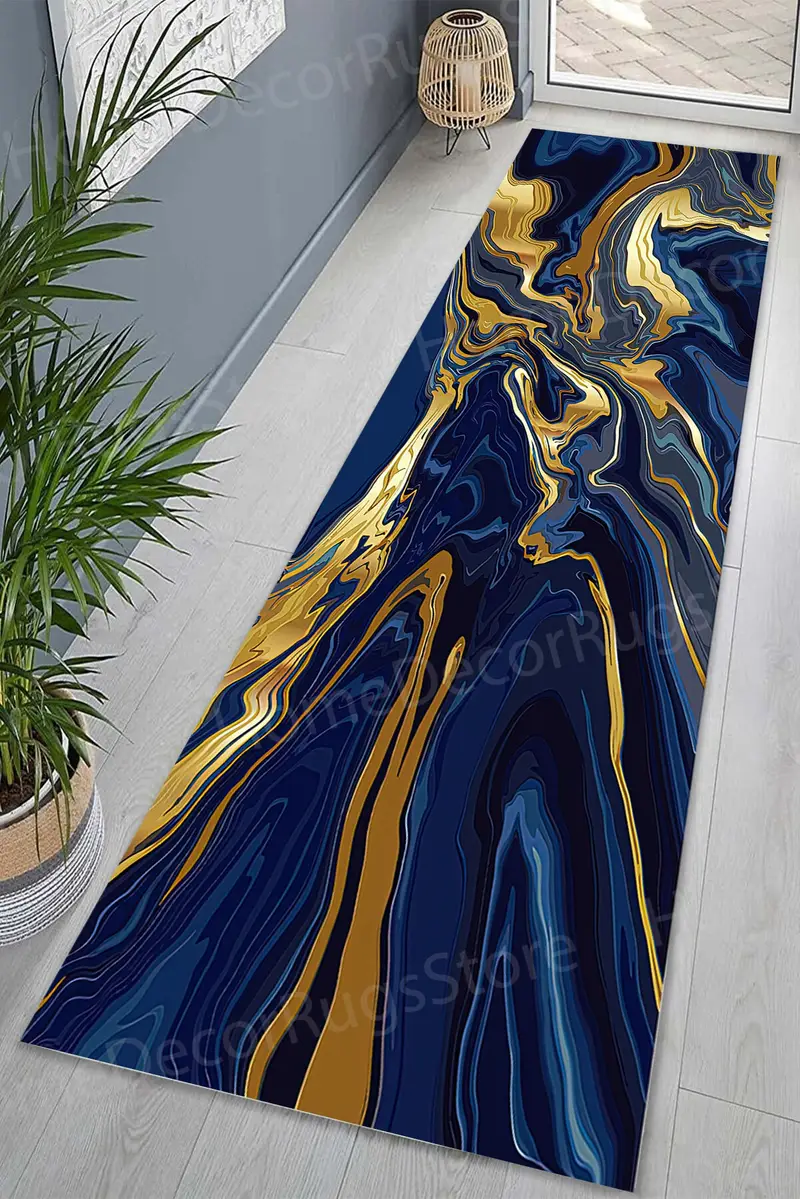 ネイビーブルーの大理石プリントラグ: 現代的なきらめくデザイン