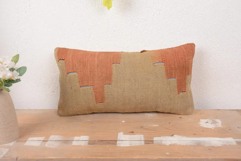 Geometric Beige & Orange Embroidered Pillow, Handmade Vintage Throw Pillow