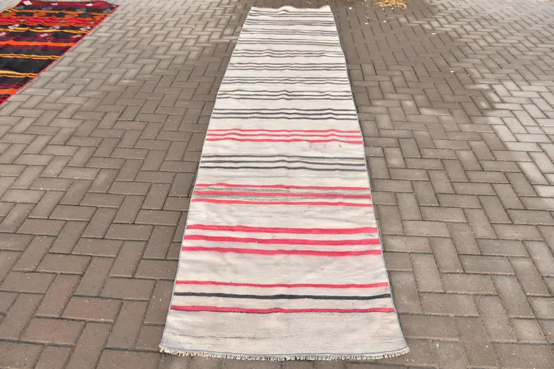 2.8x13.3 ft Vintage Halı, Runner Türk Halısı, Beyaz Puantiyeli Halı - 1