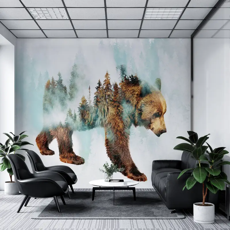 Elegante Bären-Tapete mit abstraktem Walddruck für das trendige Loft-Kinderzimmer