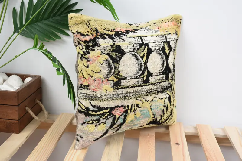 Pillow for Sofa, Pillow Case, Cozy Throw Pillow Case, Crochet Pattern Cushion Case, Pillow for Couch, Throw Kilim Pillow, 14x14 Yellow Pillow - 4