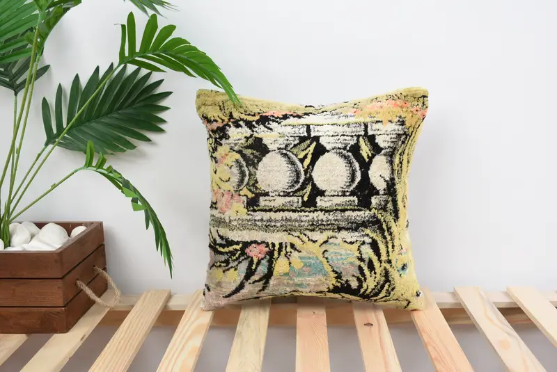 Pillow for Sofa, Pillow Case, Cozy Throw Pillow Case, Crochet Pattern Cushion Case, Pillow for Couch, Throw Kilim Pillow, 14x14 Yellow Pillow - 1