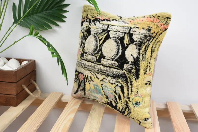 Pillow for Sofa, Pillow Case, Cozy Throw Pillow Case, Crochet Pattern Cushion Case, Pillow for Couch, Throw Kilim Pillow, 14x14 Yellow Pillow - 5