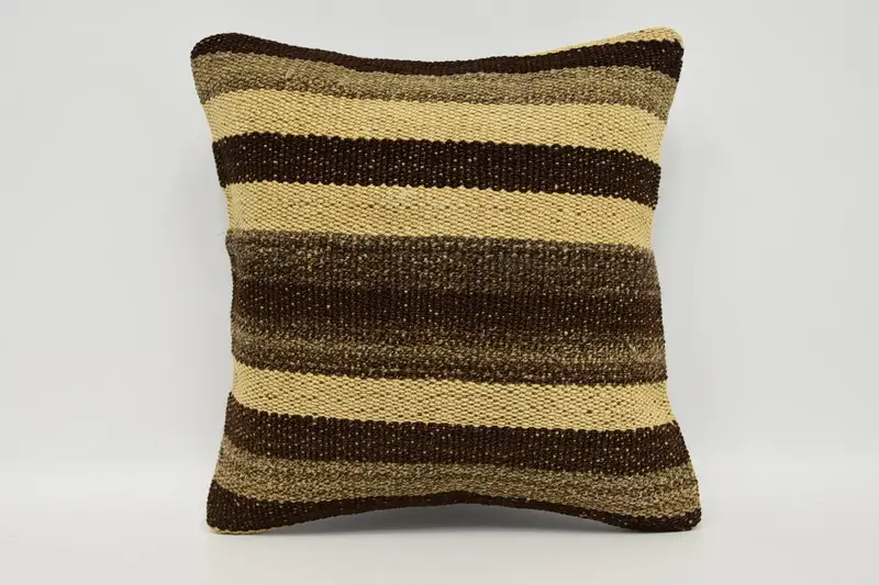 Striped Turkish Southwestern Cushion Case, Wool Moroccan 12x12 inch Brown Pillowcase - 1