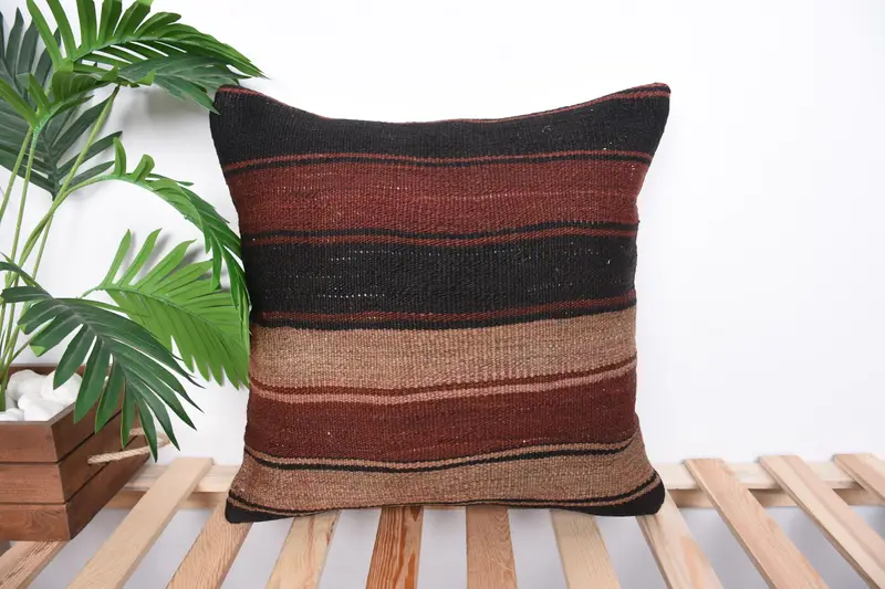 Ethnical Kilim Rug Pillow, Colorful Pillow Sham, Authentic Cushion Case, Gift Pillow, Pillow Sham, 18x18 Brown Pillow Cover, Boho Pillow - 1