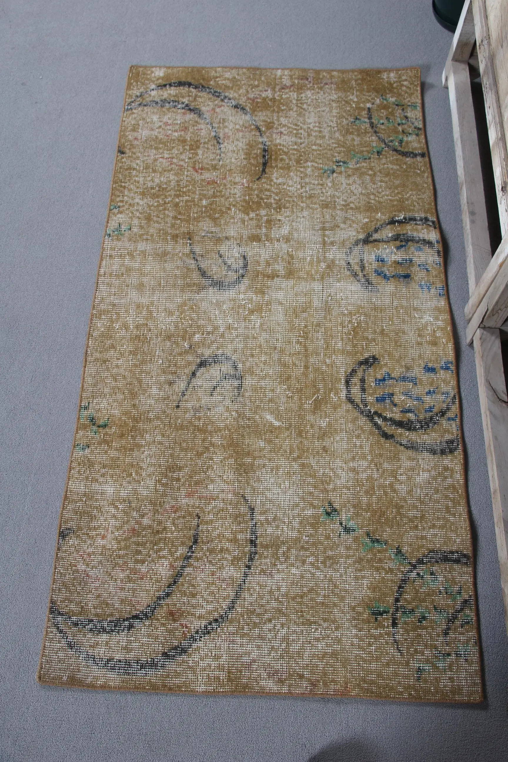 Vintage Small Rug 2.6x5.1 ft, Brown Blue Abstract Rug Wool - 1