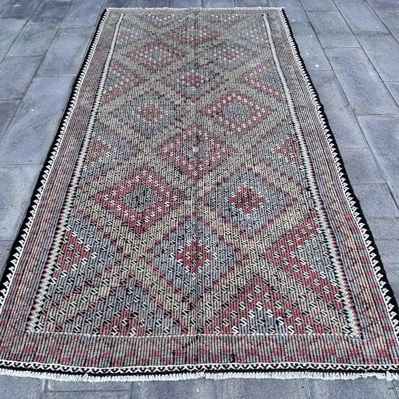 Red & Green Striped Rug, 5.3x9.8 ft Geometric Design