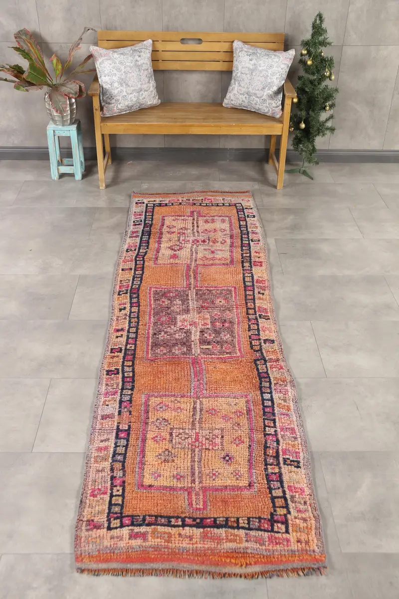 2.6x8.8 ft Rug, Turkish Vintage Rug, Orange Pink Polka dot Wool Rug - 1