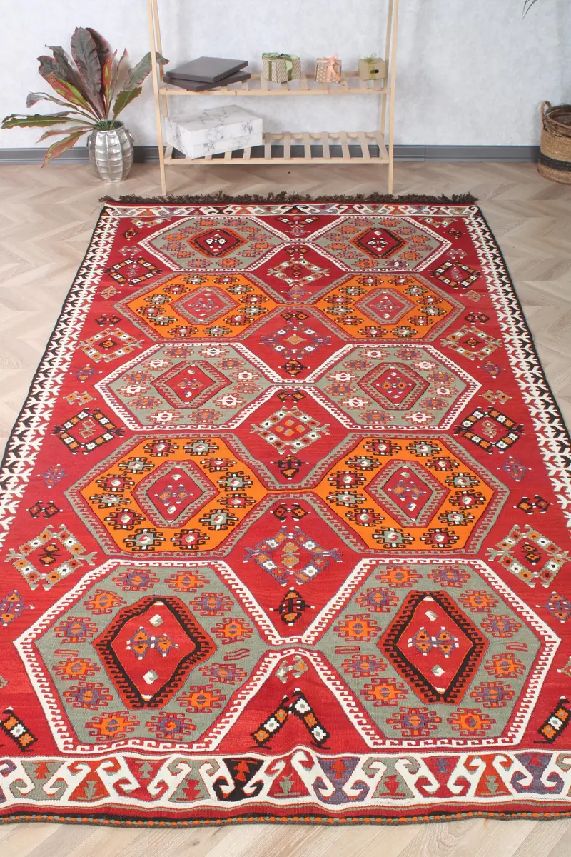 5,4x9,7 ft Teppich, türkischer Vintage großer Teppich, roter Kelim-Wollteppich - 1