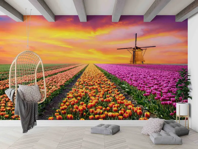 Bedruckte Tulpengarten-Tapete: Sonnenaufgang, Sonnenuntergang, Bauernhausdekor