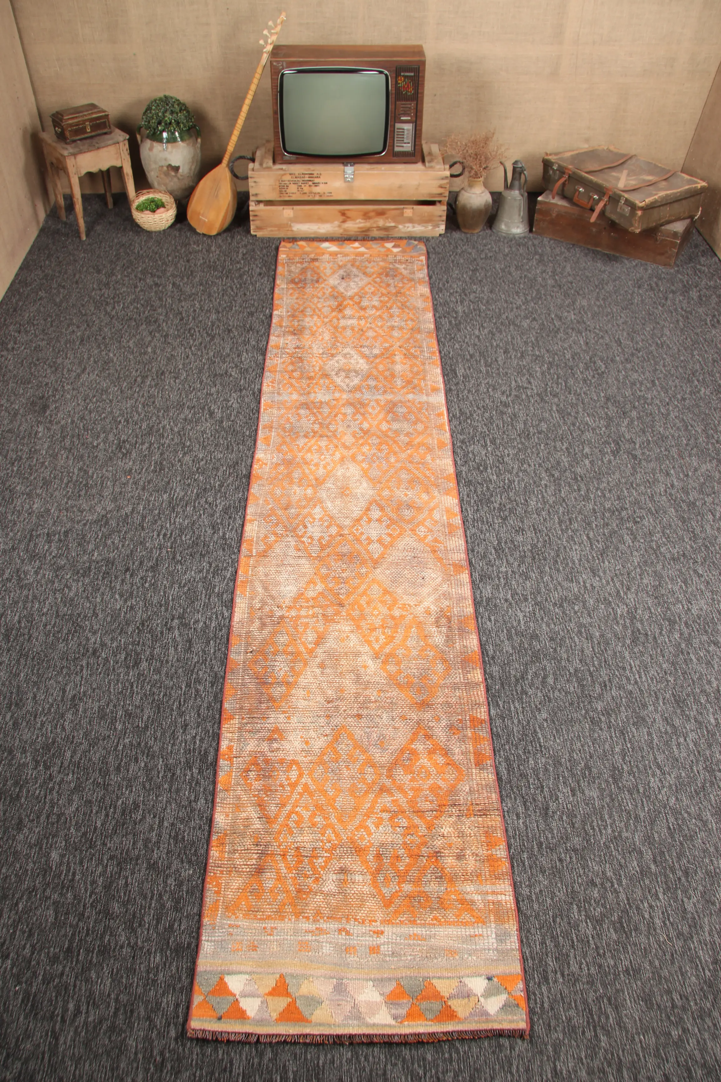 Vintage Turkish Rug, Small 2.3x11.9 ft (71x364 cm) Rug, Orange Geometric Rug - 1