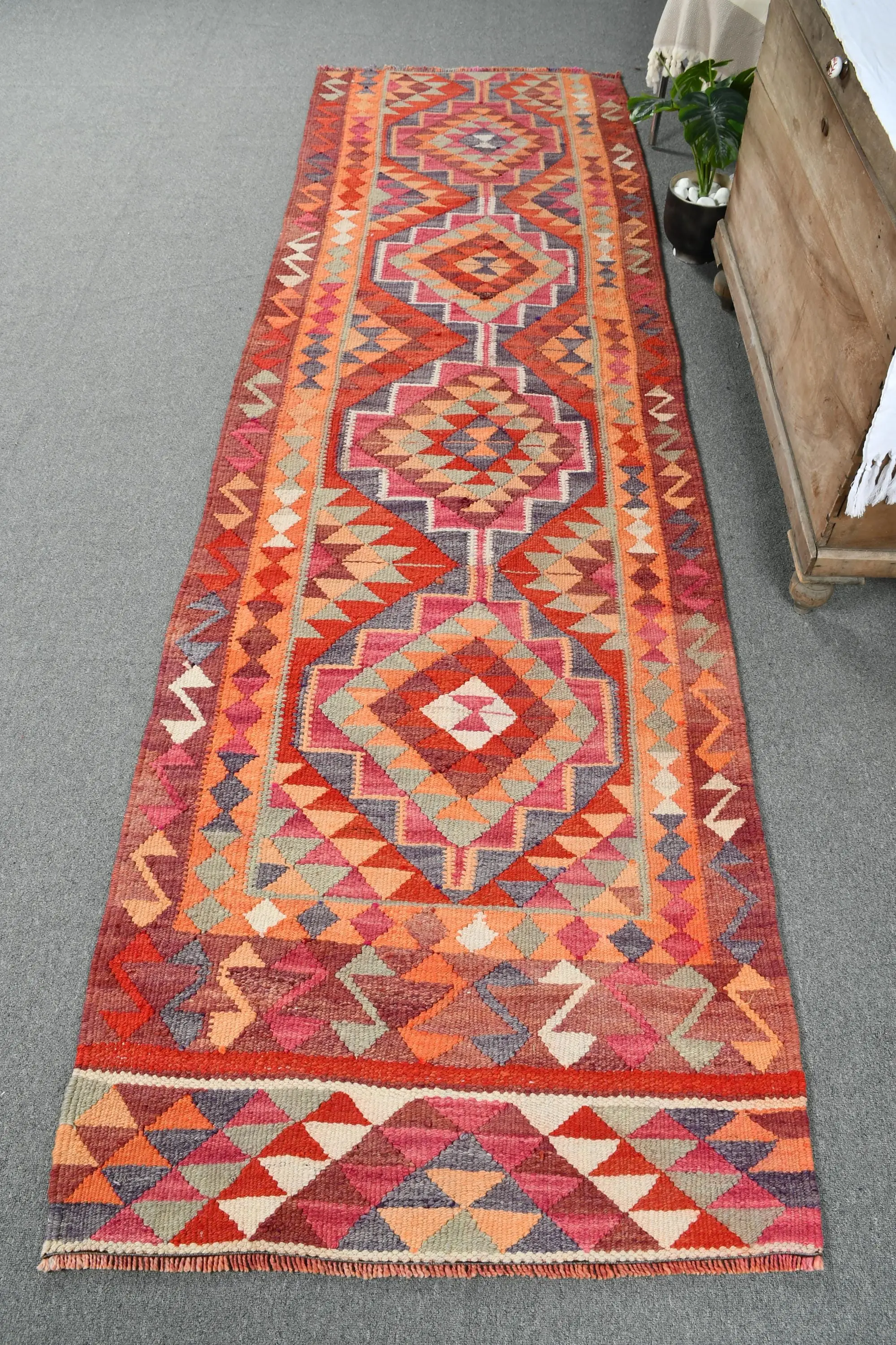 Vintage Rug, 3.1x10.3 ft Runner Rug, Red Orange Kilim Wool Rug - 1
