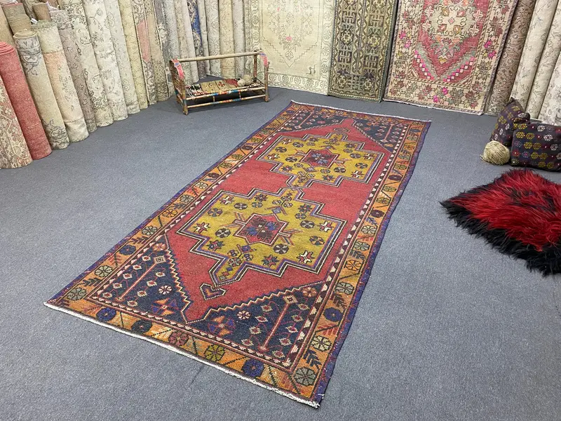 Red and Yellow Rug, 4.2x9.1 ft Floral and Geometric Design
