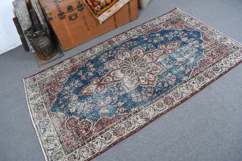 3,6 x 6,46 Fuß türkischer Akzentteppich, blau-roter Vintage-Abstrakter Wollteppich - 1