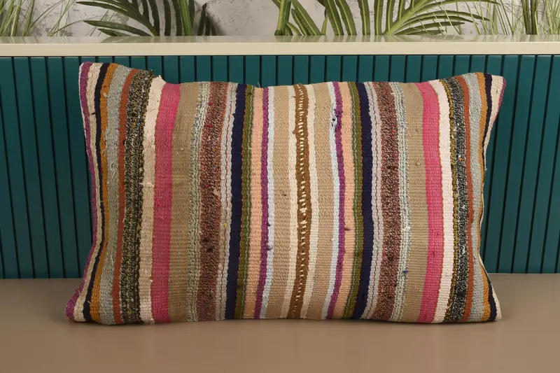Turkish Moroccan Wool Cushion, 16x24 inch WovenPurple Striped Pillowcase - 1