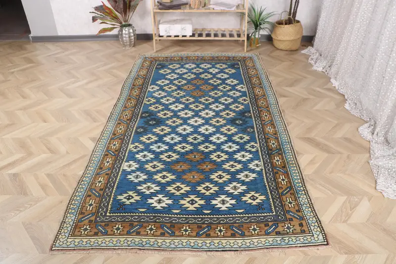 Oushak Halı, 4.5x8.2 ft Vintage Halı, Mavi Çiçekli Halı Yün - 1