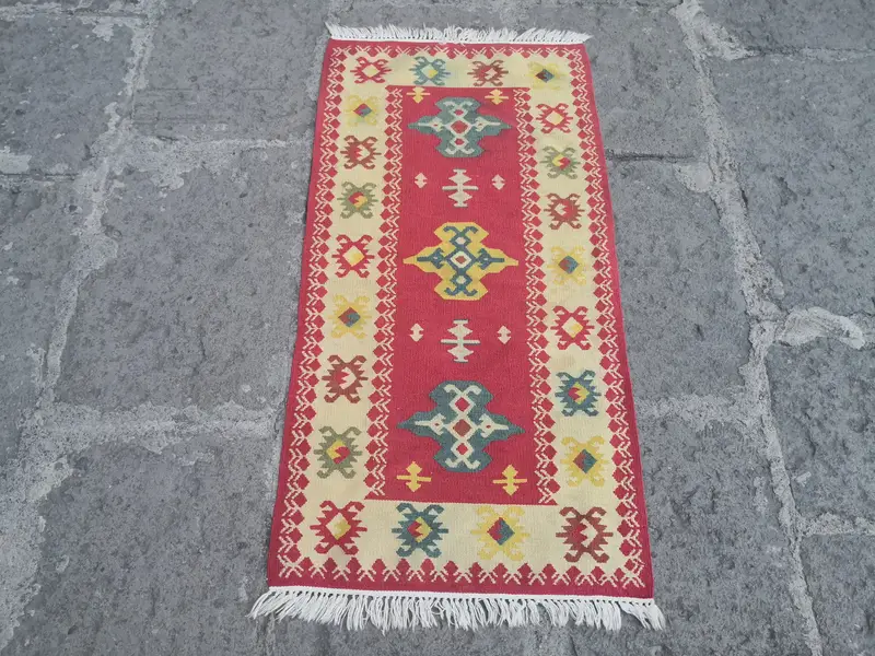 El Yapımı Kırmızı & Sarı Kilim, 60x120 cm Dikdörtgen Halı