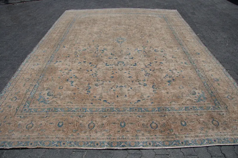9,2 x 12,5 Fuß großer türkischer Übergröße-Teppich, braun-blauer Vintage-Wollteppich mit Pflanzen und Bäumen - 1