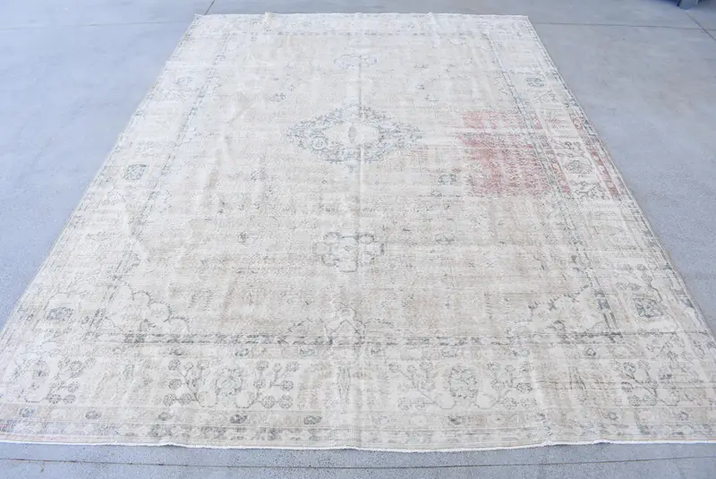 9.3x12.8 ft Oushak Turkish Rug, Beige Plants & trees Vintage Rug Wool - 1