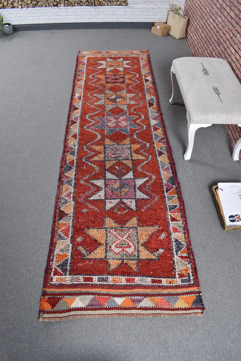 3x10.6 ft Turkish Runner Rug, Vintage Red Patchwork Rug - 1