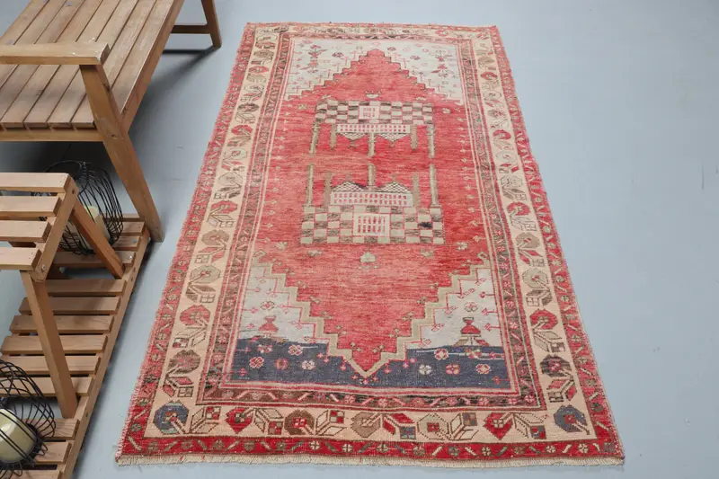Türkischer 3,9 x 6,8 Fuß großer Teppich, Vintage-Teppich, rot-blauer Camouflage-Wollteppich - 1