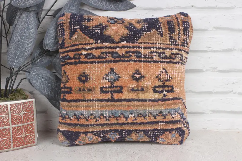 Antique Pillows, Accent Pillow Case, 12x12 Orange Cushion Case, Pillow Case, Traditional Cushion Case, Kilim Pillow, Turkish Kilim Pillow - 1