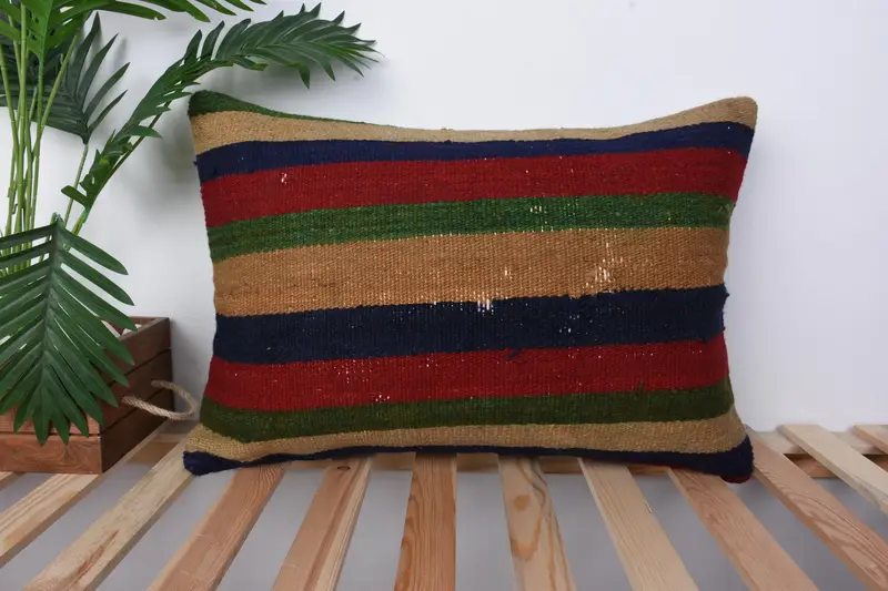 Brown & Red Striped Pillow, 16x24 Embroidered Throw Pillow