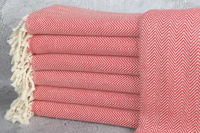 Custom Beach Towel Turkish Cotton Red Herringbone, 40x71 Inches