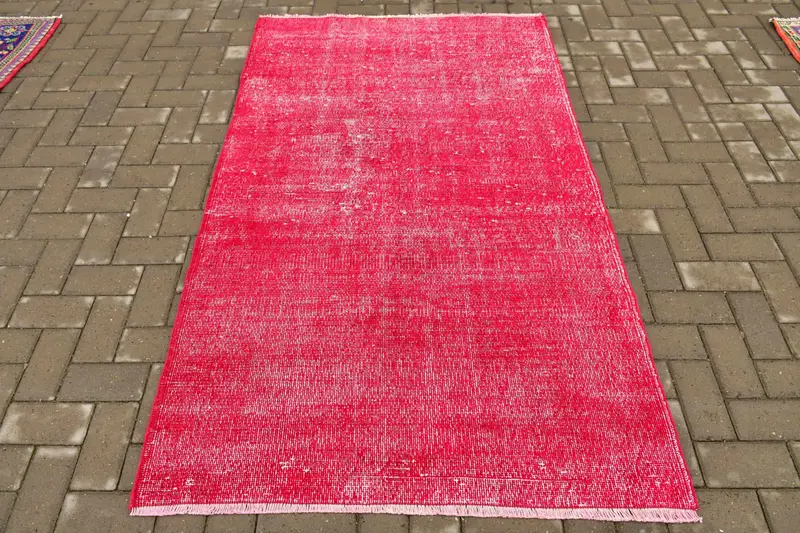 Vintage Halı, 3.8x6.4 ft Alan Türk Halısı, Oushak Kırmızı Beyaz Kamuflaj Halı - 1