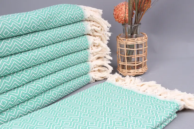 Embroidered Beach Towel Green Diamond, Organic Cotton, 38x71 Inches