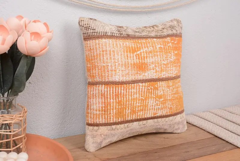 Orange & Beige Patchwork-Wurfkissen, 14x14 besticktes Kissen