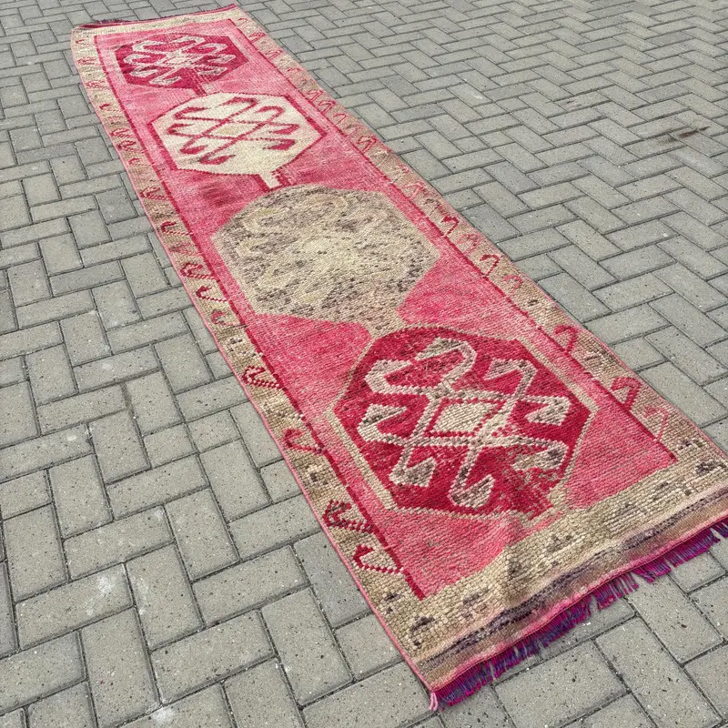 Vintage Halı, Yolluk 2.8x11.4 ft Türk Halısı, Kırmızı Kahverengi Patchwork Yün Halı - 1