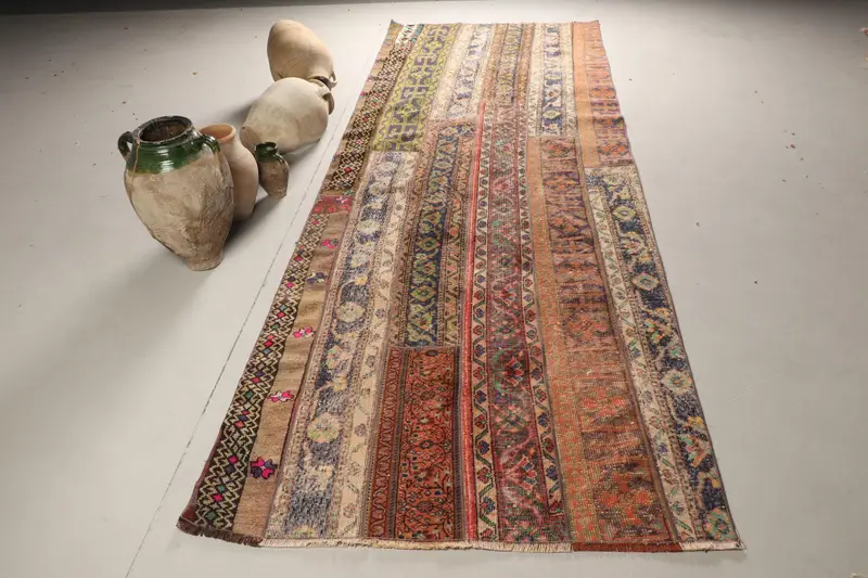ヴィンテージ ターキッシュ ランナー ラグ 120x340cm レッド ストライプ Oushak ラグ - 1